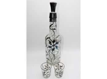 Sterling Silver Inlay Decanter & 2 Shot Glasses