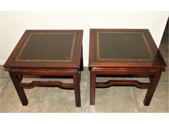 Vintage Leather Top Inlay With Gold Accents Wood Side Tables Set Of 2