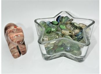 Marble Bear Figurine & Glass Star Dish With Glass Stones