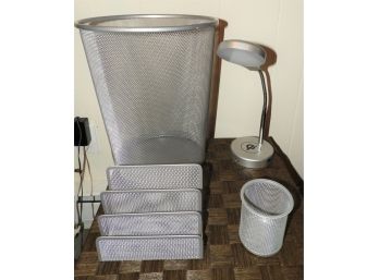 Assorted Set Of 4 Silver Mesh Wired Office Accessories - Pail, Lamp, Pen Cup &  Mail Organizer