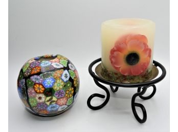 Assorted Set Of Candles - Round Floral Candle & Pillar Candle On Stand