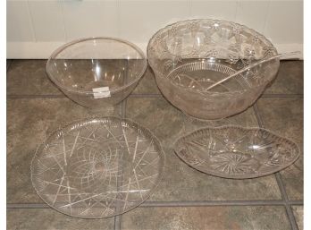Assorted Set Of 4 - Plastic Punch Bowl, Ladle, Bowl, Serving Tray & Oval Bowl