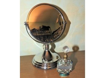 Elegant Jeweled Perfume Bottle With Vanity Mirror 5X