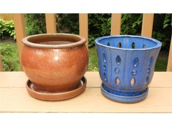 Assorted Set Of 2 Outdoor Pots - Blue & Brown