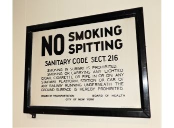 Original NYC Subway Sign - Framed 'NO Spitting Smoking' Enamel Metal Sign, 200 Fifth Ave, N.Y.