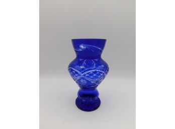 Bohemian Czech Cobalt Blue Etched Crystal Vase