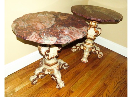 Rare - Pair Of Stunning Italian Carved & Gilded Baroque Style Accent Tables  Marble Top -25' Round X H25'