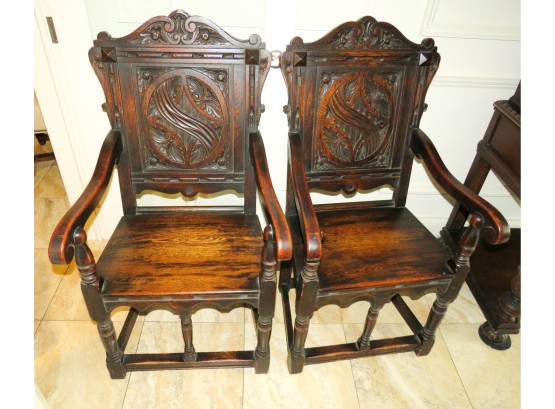 Stunning 17th Century Superbly Carved Oak Armchairs With Flower Within Archeded Arch