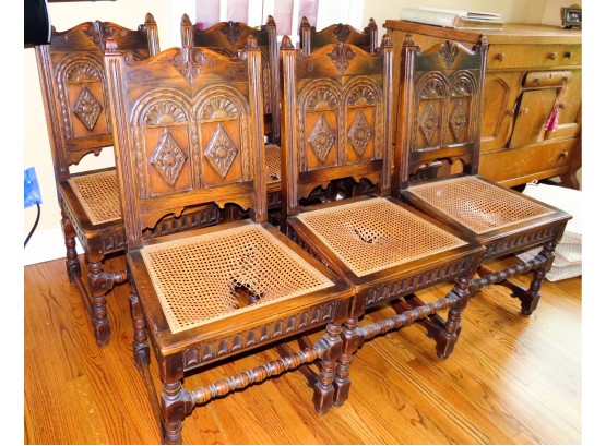 Lot Of 6 Kittinger Carved Oak Dining  Chairs W/ Cane Seat - Jacobean Style Carved Oak L23' X H43' X D22'