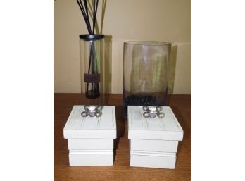 Glass Reed Diffuser - W/ 2 Bathroom Trinket Boxes & One Glass Vase