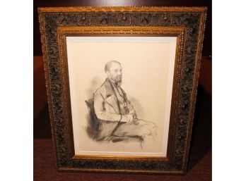 Vintage Male Portrait Black And White Pencil Sketch In A Beautiful Ornate Frame - L23' X H27'