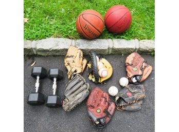 Lot Of Assorted Sports Equipment - 2 Spalding Basketsballs - 6 Baseball Mitts - Set Of 15LBS Weights