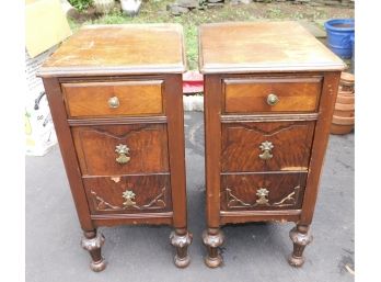 Pair Of  Antique Nightstands Walnut & Curly Birdseye Maple 3 Drawers On Each