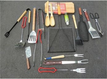 Large Lot Of BBQ Utensils - Spatulas, Tongs, Carbing Fork, Cutting Boards, Grill Baskets, Wooden Spoons