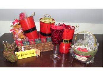 Lot Of Decorative Christmas Items - 2 Baskets - Red Goblet - Ceramic 'Let Freedom Ring'  Sign