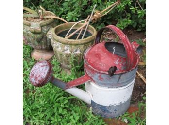 Vintage Tin Watering Can W/ 3 Ceramic Planters And Vintage Wire Plant Basket