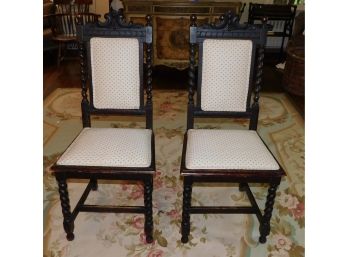 Pair Of Antique Jacobean English Style Oak Dining Room Chairs - Solid Wood Carved Upholstered Dining Chairs