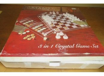 Complete 3 In 1 Crystal Game Set - Chess Board Small Chip On Corner - In Original Box