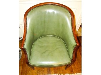 Comfortable Mahogany & Leather Upholstered Tub Chair With Nail Head Accents- Small Tears In The Leather