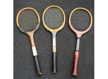 3 Vintage Tennis Racquets - Regent Contender - Wilson Speed Flo - Mac Gregor Tourneyi