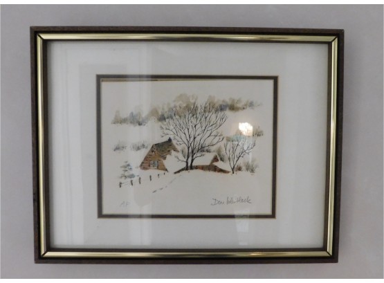 Original AP Snowy Cabin Watercolor Art Signed Don Whitlock Framed