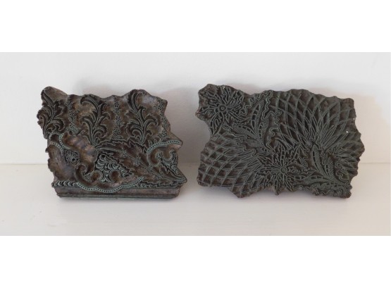 Antique Pair Of Hand Carved Wood Stencil Blocks