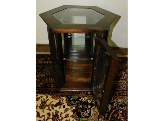 Vintage Solid Wood Curio End Table With Glass Shelf