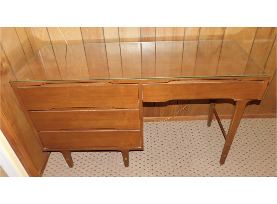 Vintage Mid Century Modern Drexel 4 Drawer Glass-top Desk