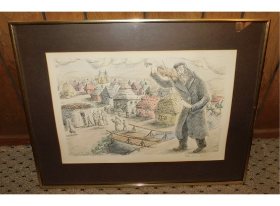 Lovely Judaica Signed Watercolor Lithograph Art Lithograph Framed #1867 Violin Player Over City Signed Framed