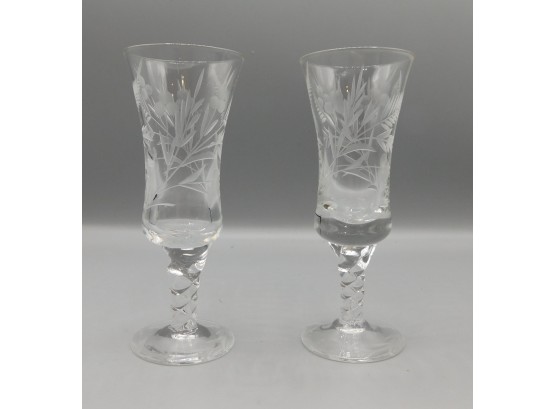 Lovely Pair Of Etched Cordial Glasses