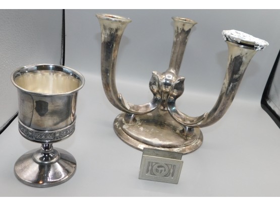 Reed And Barton Silver Plated Chalice With Silver Plated Candlestick Holder And Decorative Plaque
