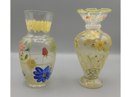 Pair Of Tracy Porter Hand Painted Glass Vases