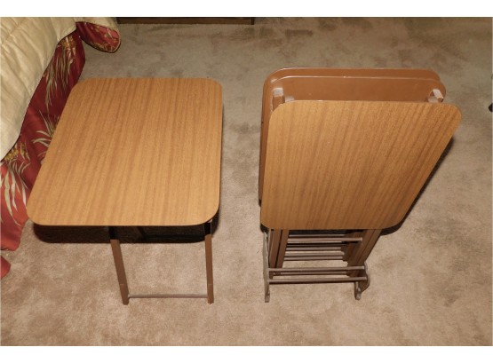 Vintage Set Of Wood Folding Snack Tables With Stand