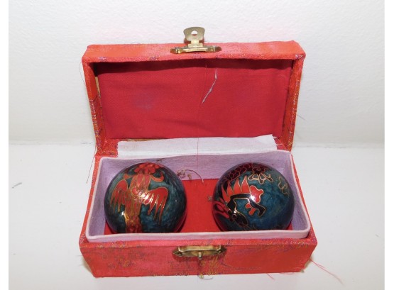 Vintage Set Of Chinese Baoding Balls Dragon Design With Red Silk Box
