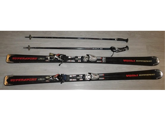 Pair Of Volkl Supersport Aluminum Motion Rail Double Grip Technology Skis With Scott Series 3 USA Poles
