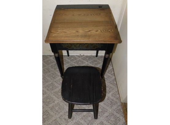 Vintage Wood Children's Study Desk With Wood Stool