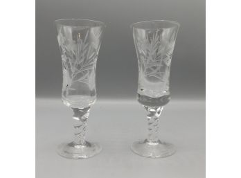 Lovely Pair Of Etched Cordial Glasses