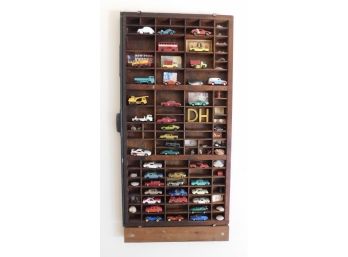 Vintage Assorted Lot Of Matchbox Cars/hot Wheels With Vintage Sewers Drawer Wall Shelf
