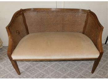 Vintage Cane Back Wood Frame Bench With Cushion And Throw Pillows