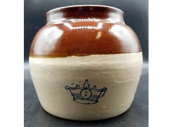 Antique Robinson Ransbottom Blue Crown Stoneware Bean Crock Pot With Lid Single Ear Handle, 2 Quart