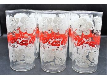 Retro Floral Libbey Etched Drinking Glasses - Red And White Flowers - Set Of 6