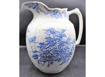 Vintage Blue And White Porcelain Pitcher W/ Floral Design