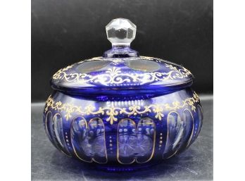 Stunning Vintage Bohemian Glass Colbalt Blue Floral Lided Jewelry Trinket Candy Jar