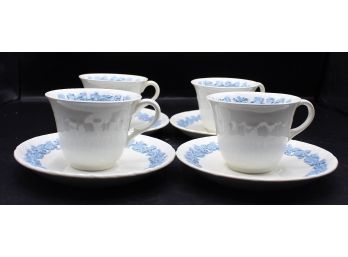 Rare Wedgewood Of Etruria & Barlaston White Tea Cup And Saucer With Blue Embossed Queensware China - Set Of 4