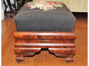 Vintage French Country FLAMED MAHOGANY Provincial Black Floral Needlepoint Footstool