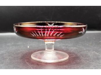 Ruby Red Cut To Clear Frosted Swan Pedestal Candy Dish