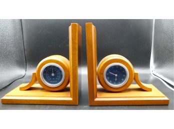 Vintage Wood Nautica Nautical Maritime Bookends With Clock & Thermometer
