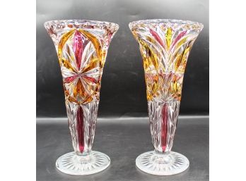 Stunning Pair Of Multi-Colored Amber Ruby Floral Design Vases