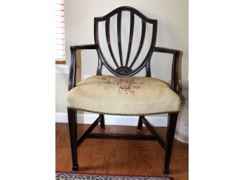 Vintage Mahogany Shield Back Elbow Chair With Tapestry Stuffover Seat