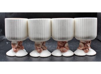 Vintage Fitz & Floyd OCEANA Footed Goblet Shells 1976 Ceramic Cup Tumbler - Set Of Four